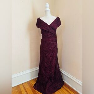 La Femme Deep Burgundy Lace Mother of the Bride Dress